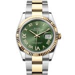 デイトジャスト36ステンレススティール＆イエローゴールドダイヤモンド入りオリーブグリーンオイスター（3列リンク）