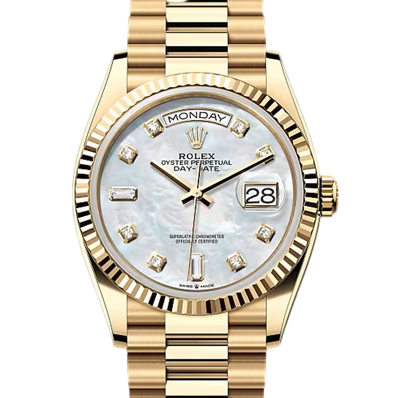 デイデイト36　素材　ダイヤモンド入りホワイトマザーオブパール　プレジデント、半円型リンク（3列）