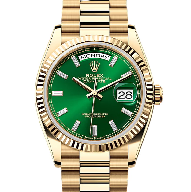 デイデイト36　素材　ダイヤモンド入りブライトグリーン　プレジデント、半円型リンク（3列）