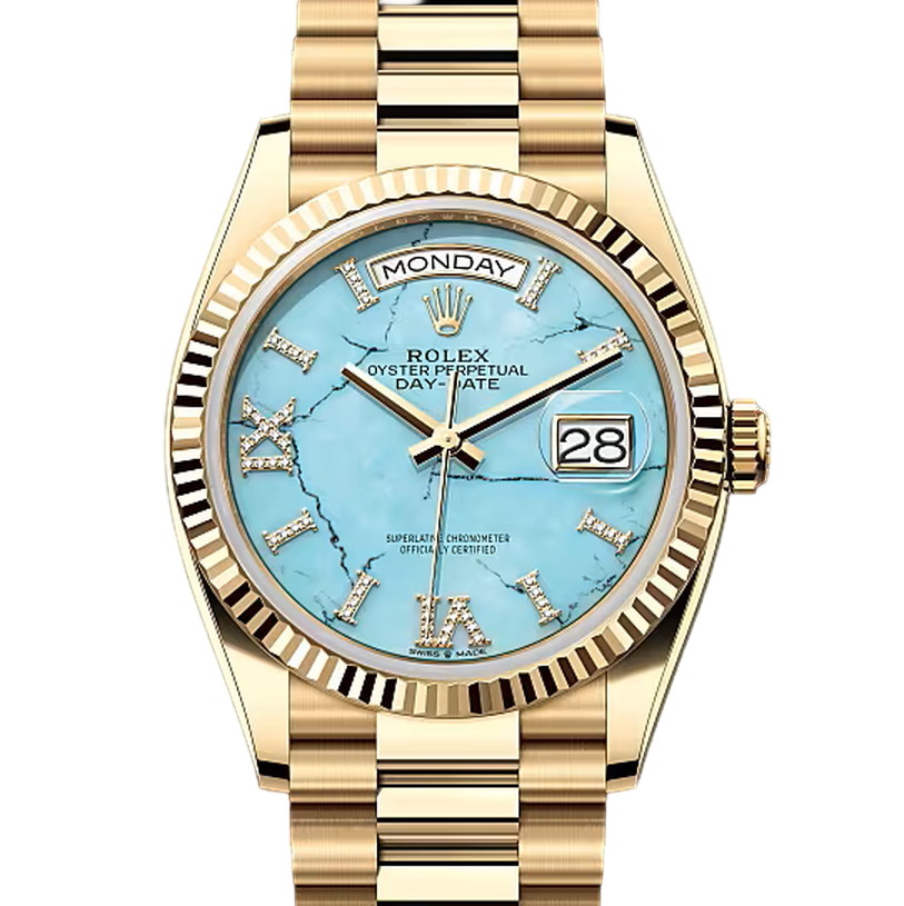 デイデイト36　素材　ダイヤモンド入りターコイズ　プレジデント、半円型リンク（3列）