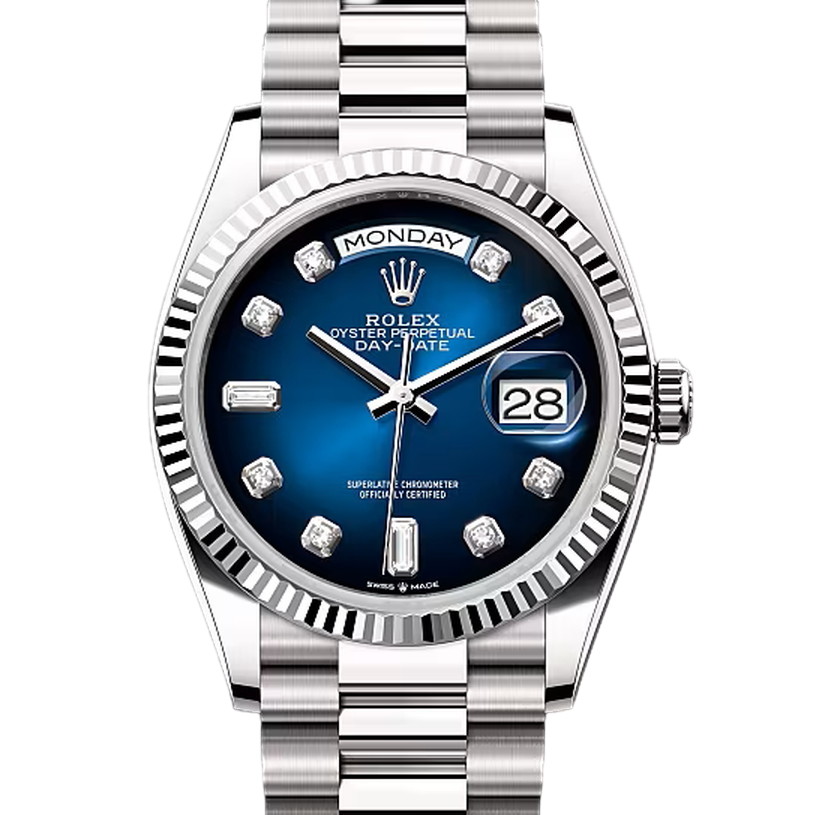 デイデイト36　素材　ダイヤモンド入りブルーオンブレ　プレジデント、半円型リンク（3列）