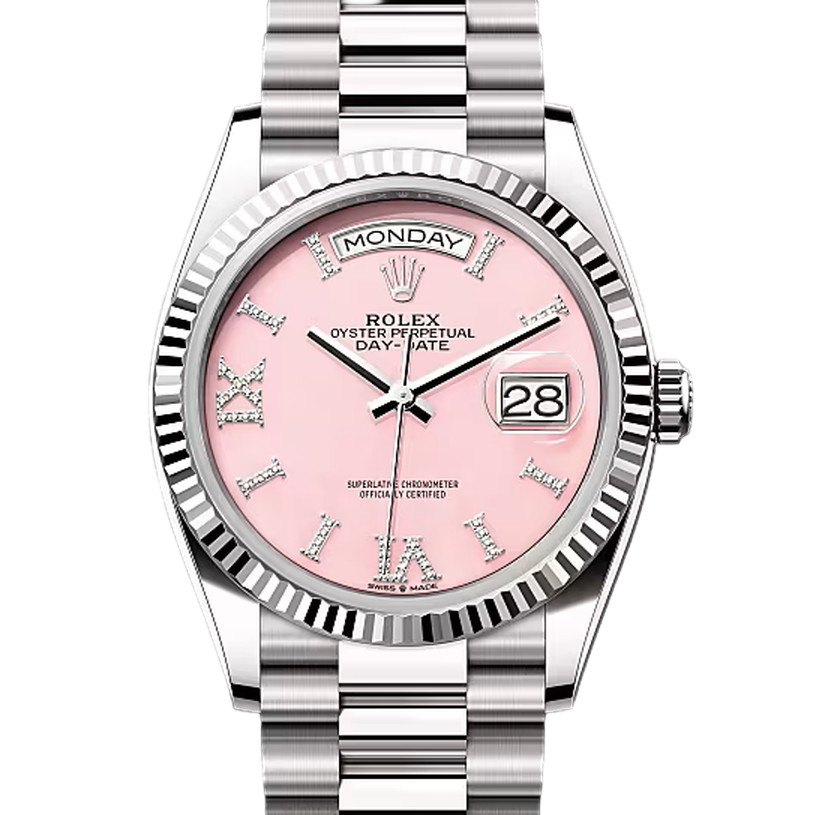 デイデイト36　素材　ダイヤモンド入りピンクオパール　プレジデント、半円型リンク（3列）