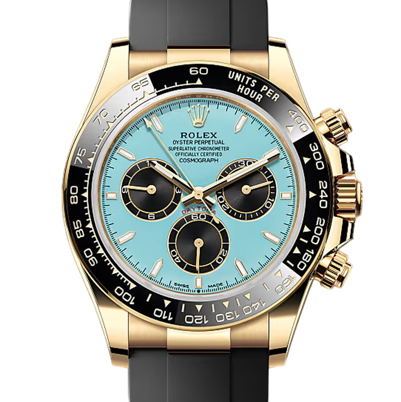 コスモグラフデイトナ　素材　ターコイズブルーとブラック　オイスターフレックス