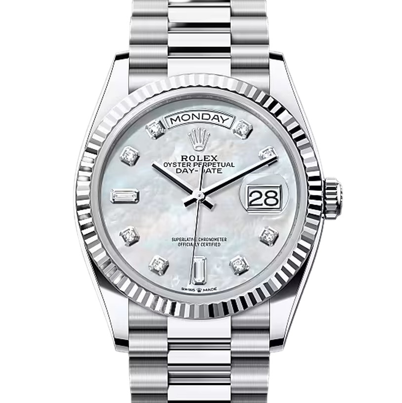 デイデイト36　素材　ダイヤモンド入りホワイトマザーオブパール　プレジデント、半円型リンク（3列）