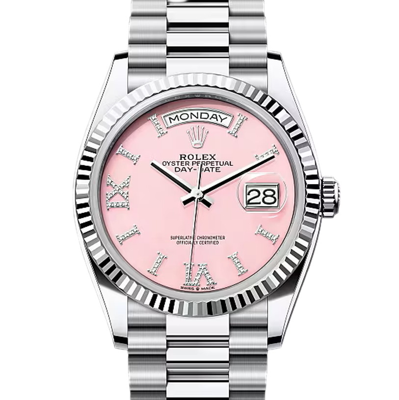 デイデイト36　素材　ダイヤモンド入りピンクオパール　プレジデント、半円型リンク（3列）