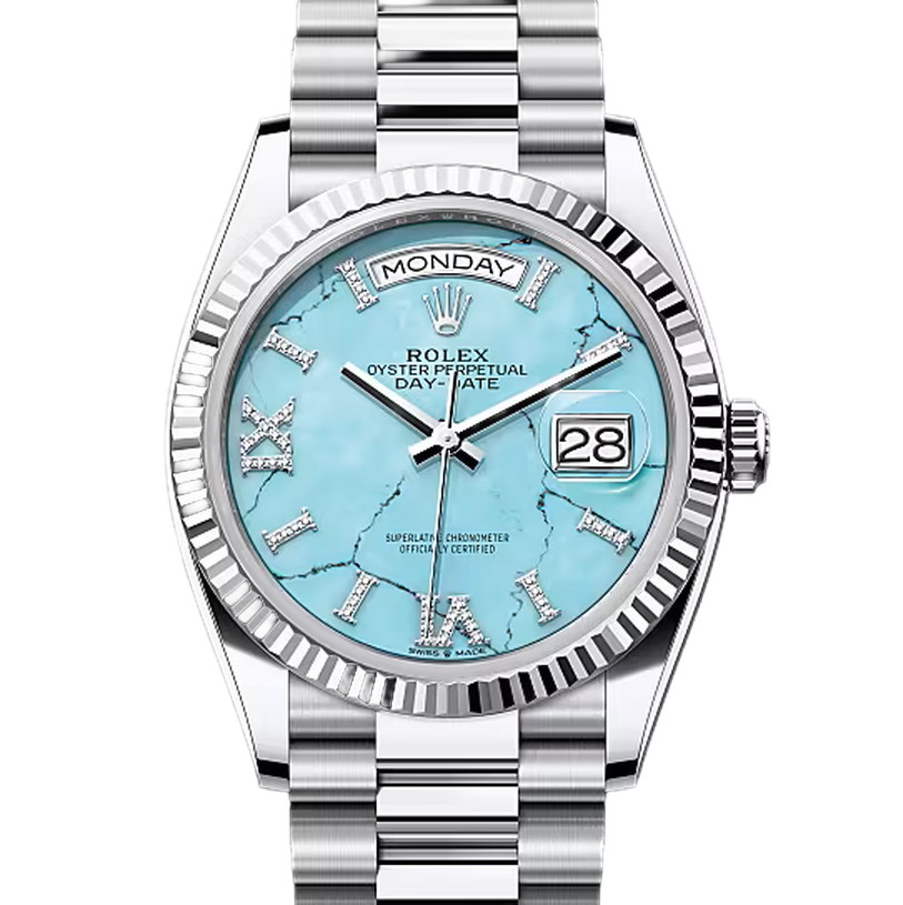 デイデイト36　素材　ダイヤモンド入りターコイズ　プレジデント、半円型リンク（3列）