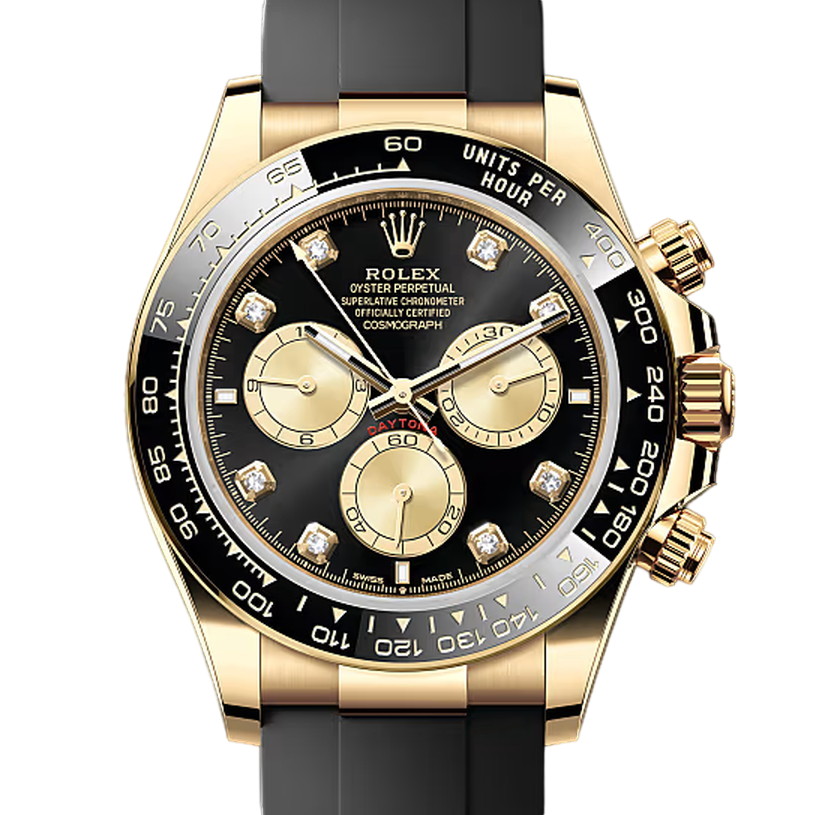 コスモグラフデイトナ　素材　ダイヤモンド入りブライトブラック＆ゴールデン　オイスターフレックス