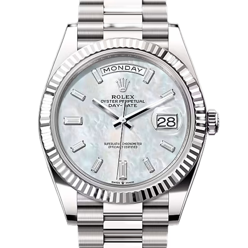 デイデイト40　素材　ダイヤモンド入りホワイトマザーオブパール　プレジデント、半円型リンク（3列）