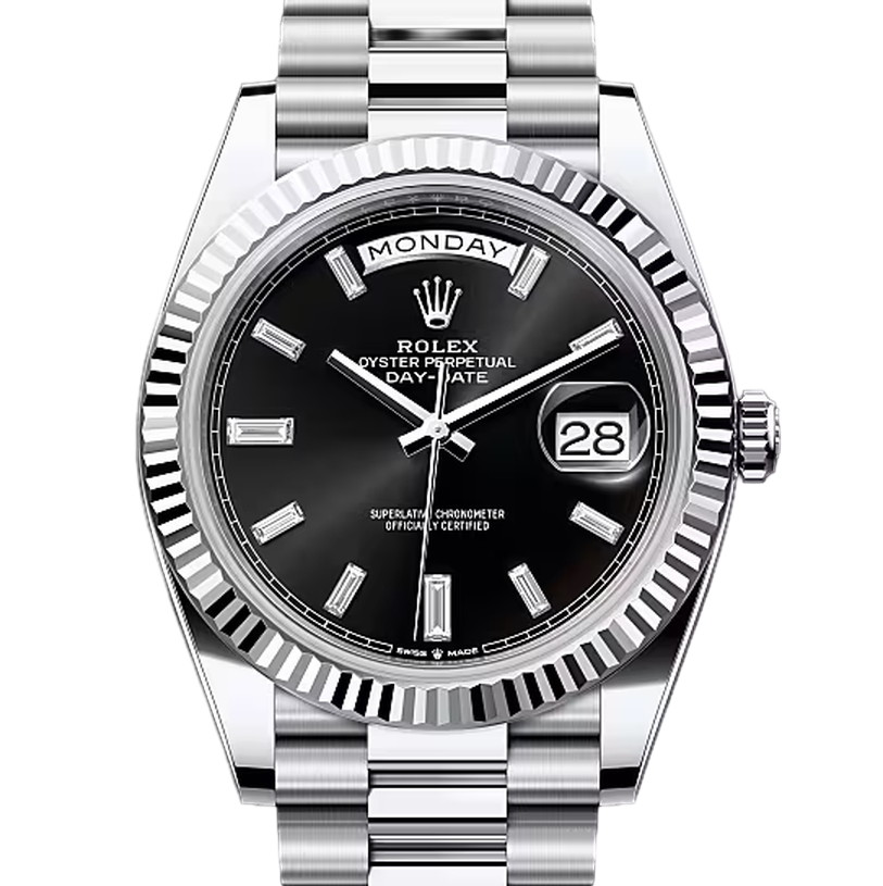 デイデイト40　素材　ダイヤモンド入りブライトブラック　プレジデント、半円型リンク（3列）