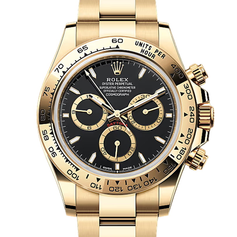 コスモグラフデイトナ　素材　ゴールデン カウンターリング、ブラック　オイスター（3列リンク）