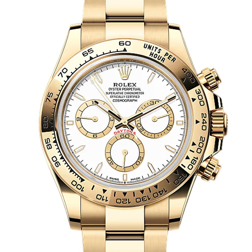 コスモグラフデイトナ　素材　ホワイト、ゴールデン カウンターリング　オイスター（3列リンク）