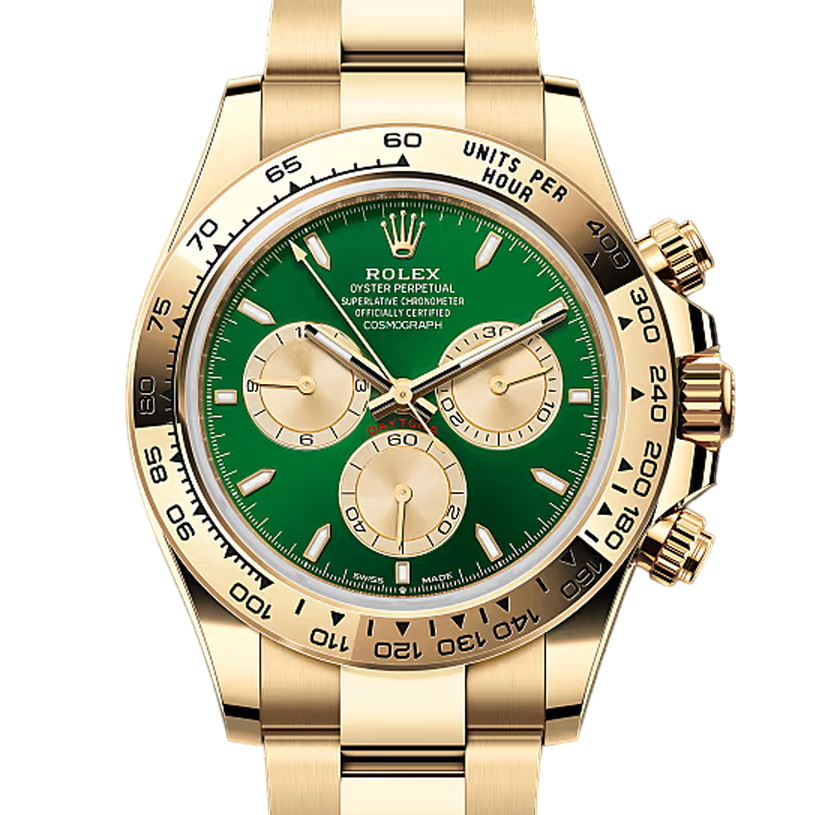 コスモグラフデイトナ　素材　ブライトグリーンとゴールデン　オイスター（3列リンク）