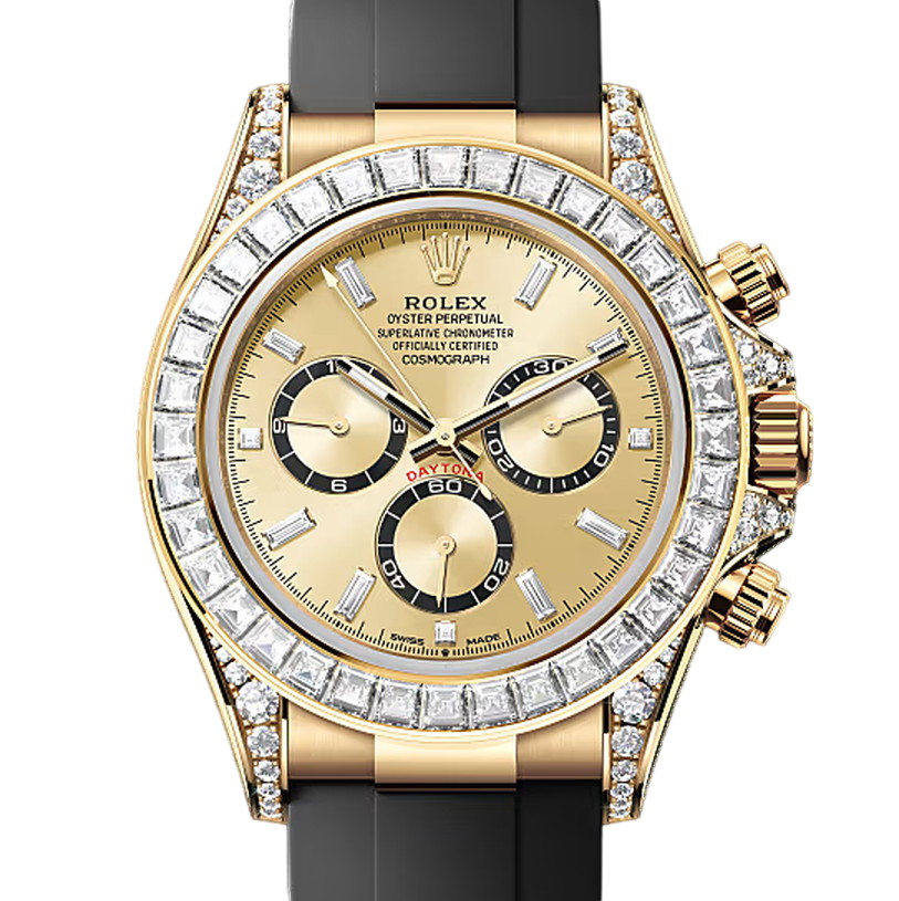 コスモグラフデイトナ　素材　ゴールデン、ブライトブラックのカウンターリング、ダイヤモンド入り　オイスターフレックス