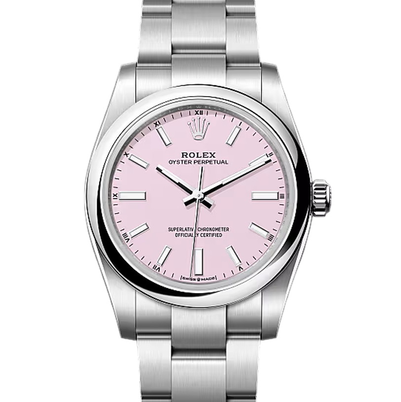 オイスターパーペチュアル34　素材　キャンディピンク　オイスター（3列リンク）