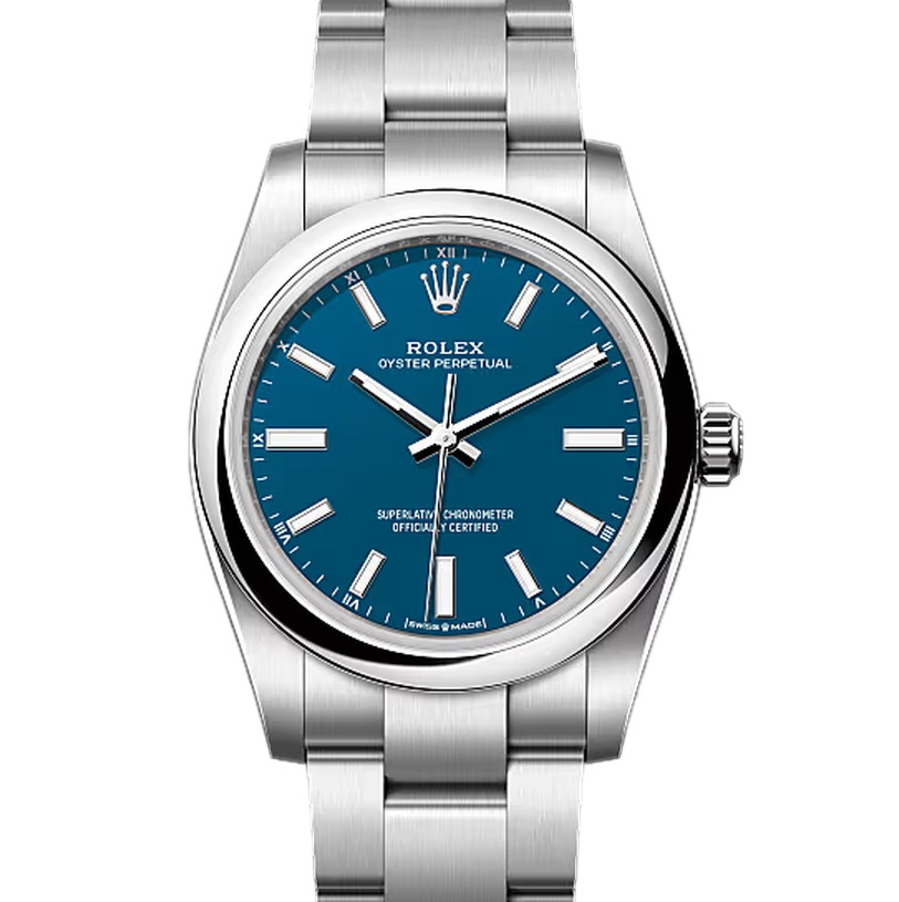 オイスターパーペチュアル34　素材　メッドブルー　オイスター（3列リンク）