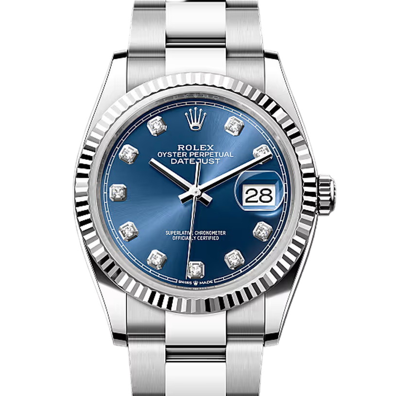 デイトジャスト36　素材　ダイヤモンド入りブライトブルー　オイスター（3列リンク）