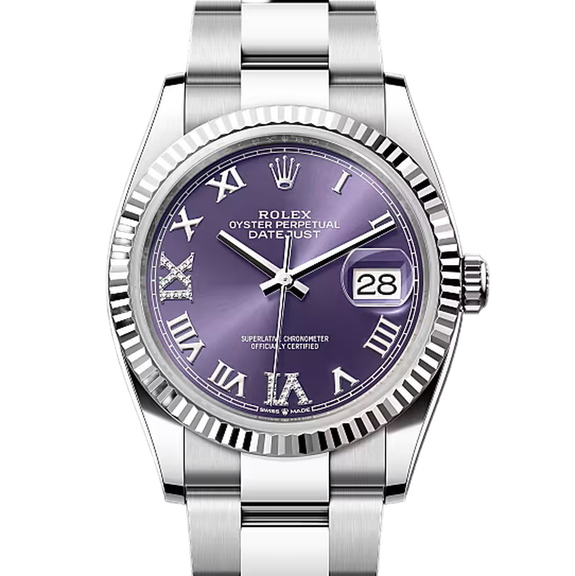 デイトジャスト36　素材　ダイヤモンド入りオーベルジーヌ　オイスター（3列リンク）