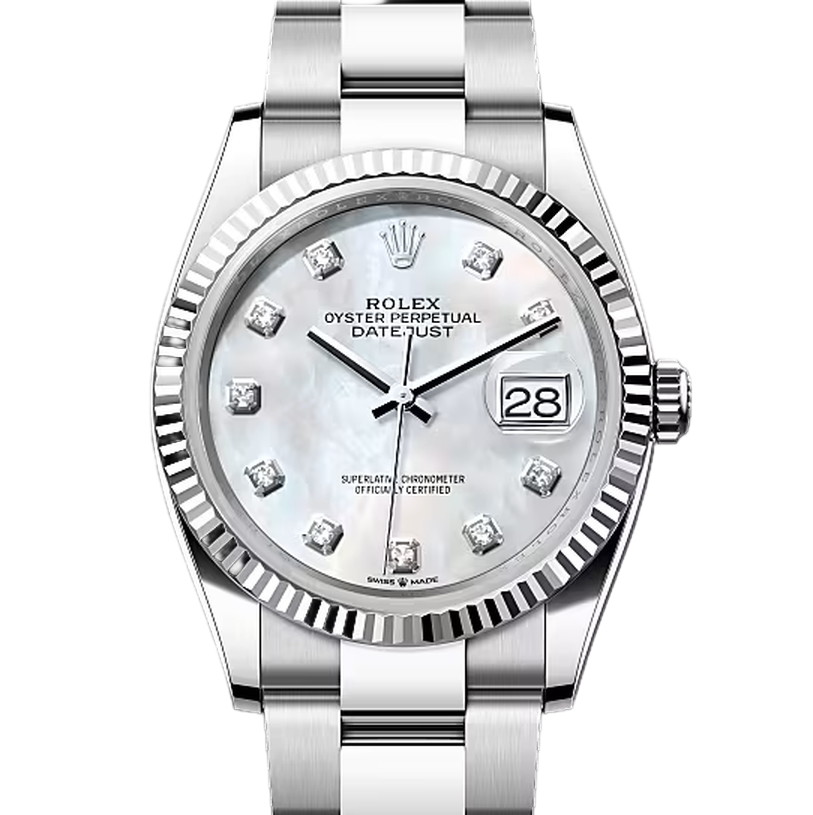 デイトジャスト36　素材　ダイヤモンド入りホワイトマザーオブパール　オイスター（3列リンク）