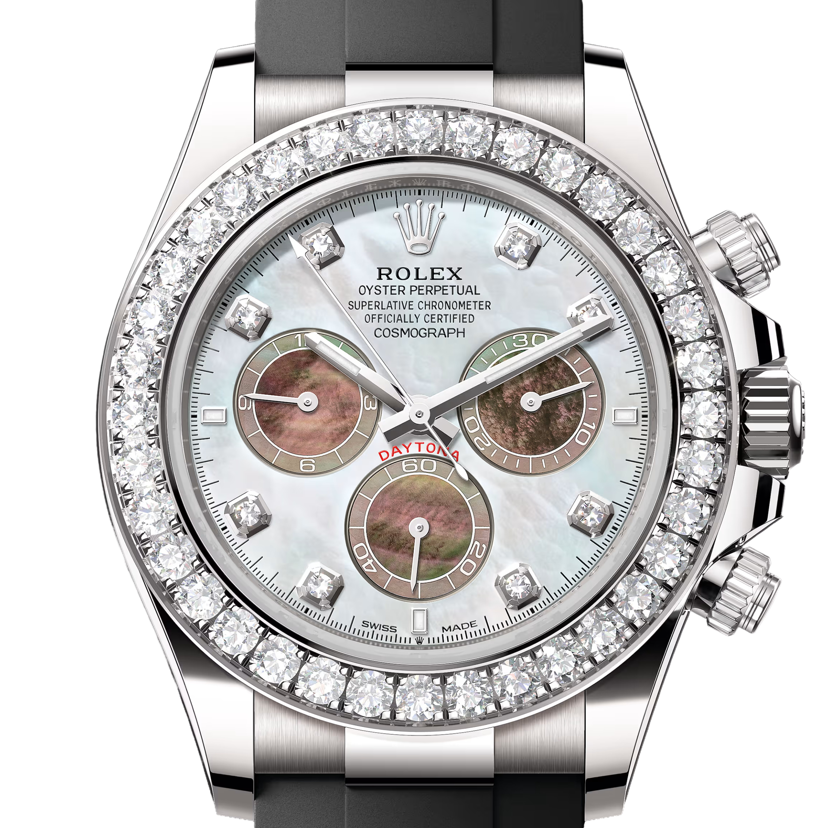 コスモグラフデイトナ　素材　ホワイトとブラックのマザーオブパール、ダイヤモンド入り　オイスターフレックス