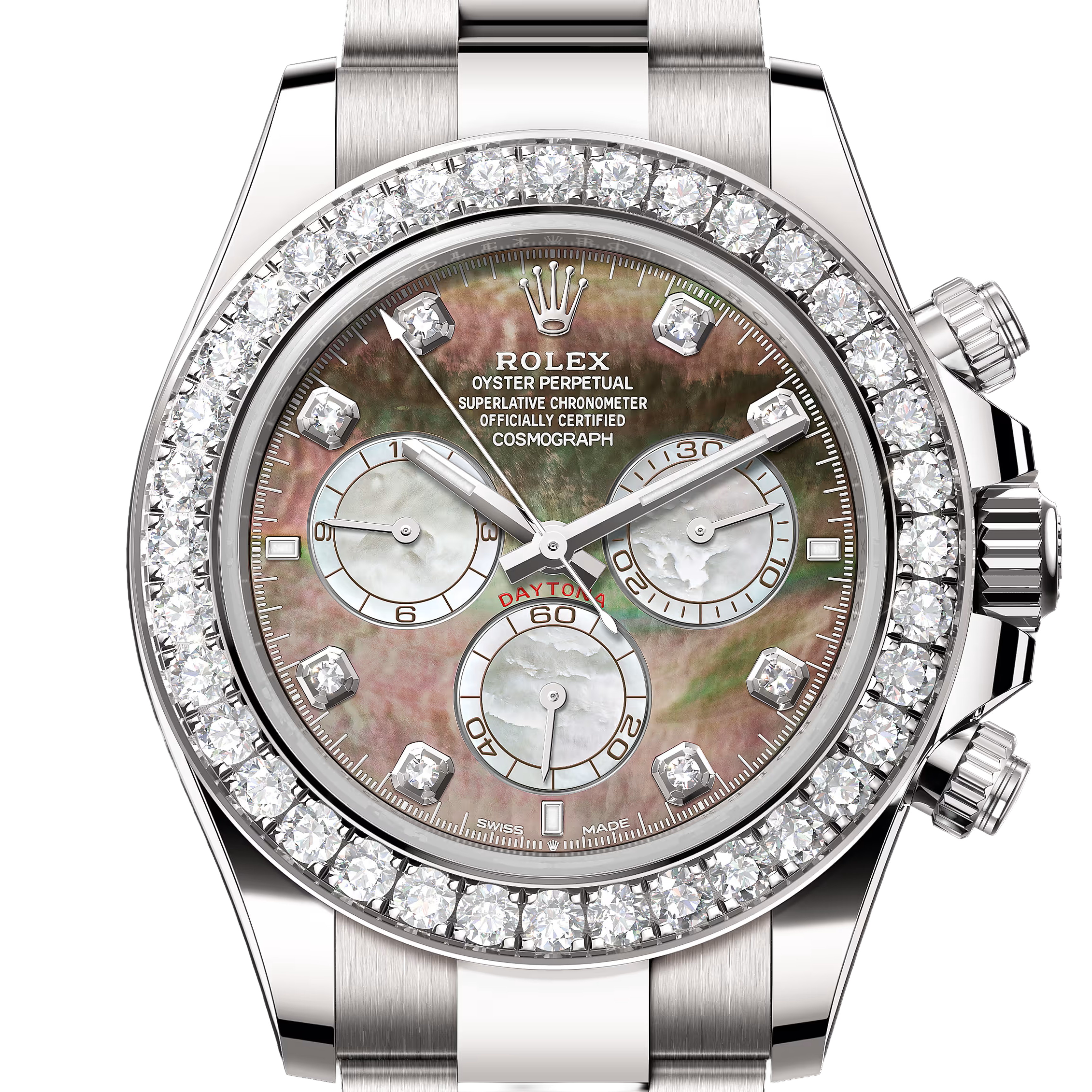 コスモグラフデイトナ　素材　ブラックとホワイトのマザーオブパール、ダイヤモンド入り　オイスター（3列リンク）