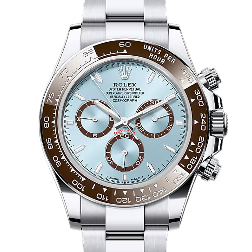 コスモグラフデイトナ　素材　アイスブルー、チェスナットブラウン カウンターリング　オイスター（3列リンク）