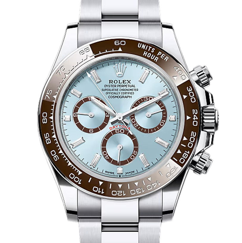 コスモグラフデイトナ　素材　アイスブルー、チェスナットブラウン カウンターリング、ダイヤモンド入り　オイスター（3列リンク）