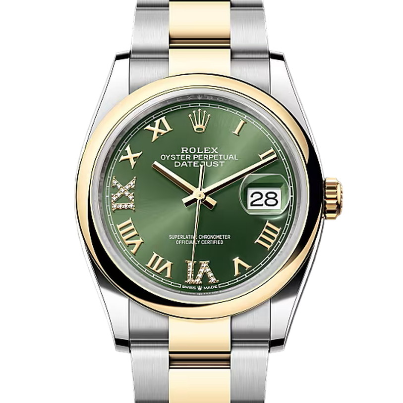 デイトジャスト36　素材　ダイヤモンド入りオリーブグリーン　オイスター（3列リンク）