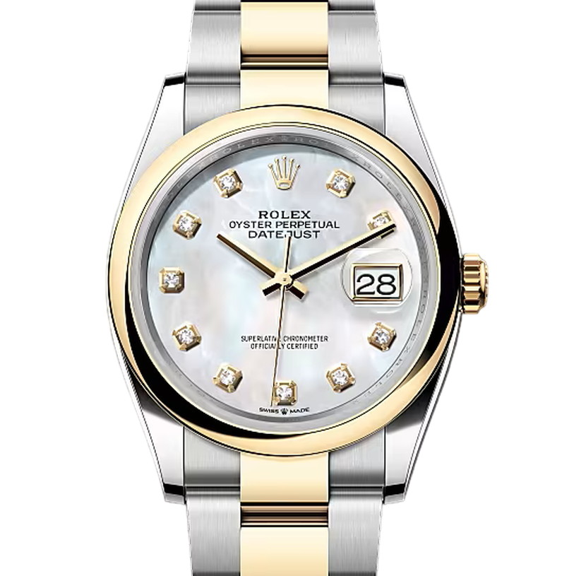 デイトジャスト36　素材　ダイヤモンド入りホワイトマザーオブパール　オイスター（3列リンク）