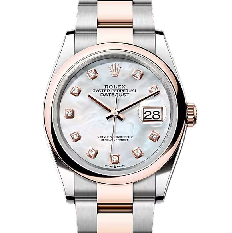 デイトジャスト36　素材　ダイヤモンド入りホワイトマザーオブパール　オイスター（3列リンク）