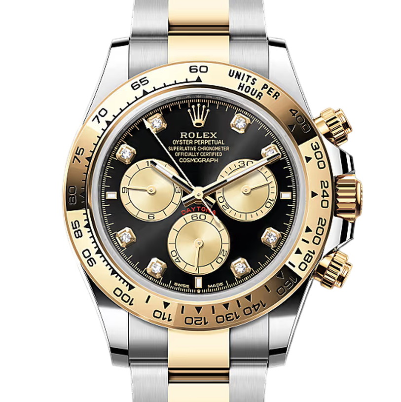 コスモグラフデイトナ　素材　ダイヤモンド入りブライトブラック＆ゴールデン　オイスター（3列リンク）