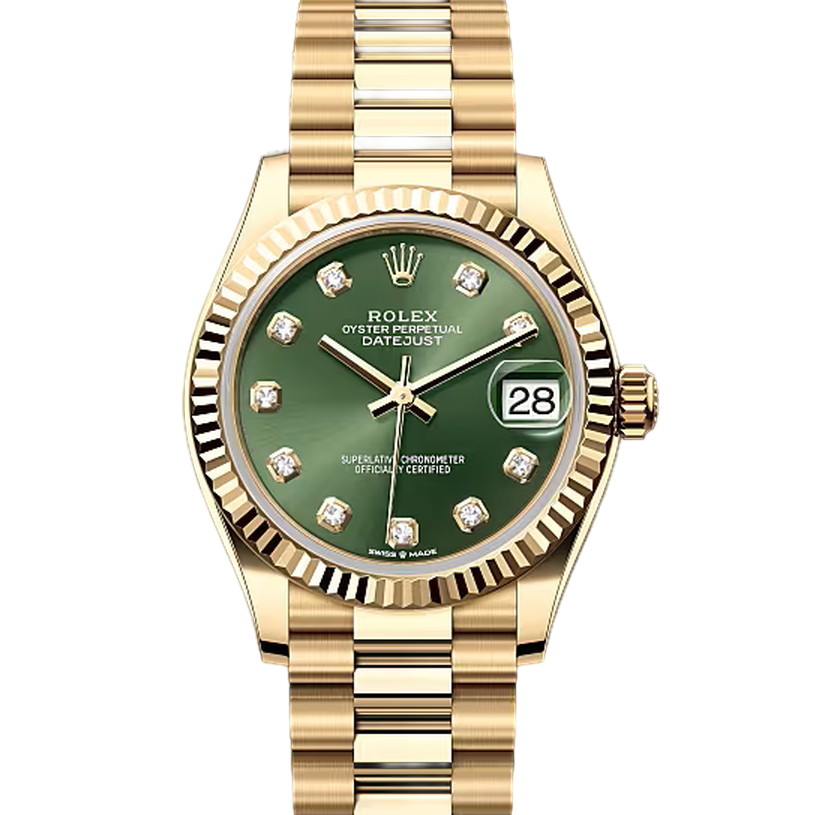 デイトジャスト31　素材　ダイヤモンド入りオリーブグリーン　プレジデント、半円型リンク（3列）
