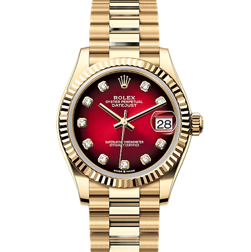 デイトジャスト31　素材　ダイヤモンド入りレッドオンブレ　プレジデント、半円型リンク（3列）