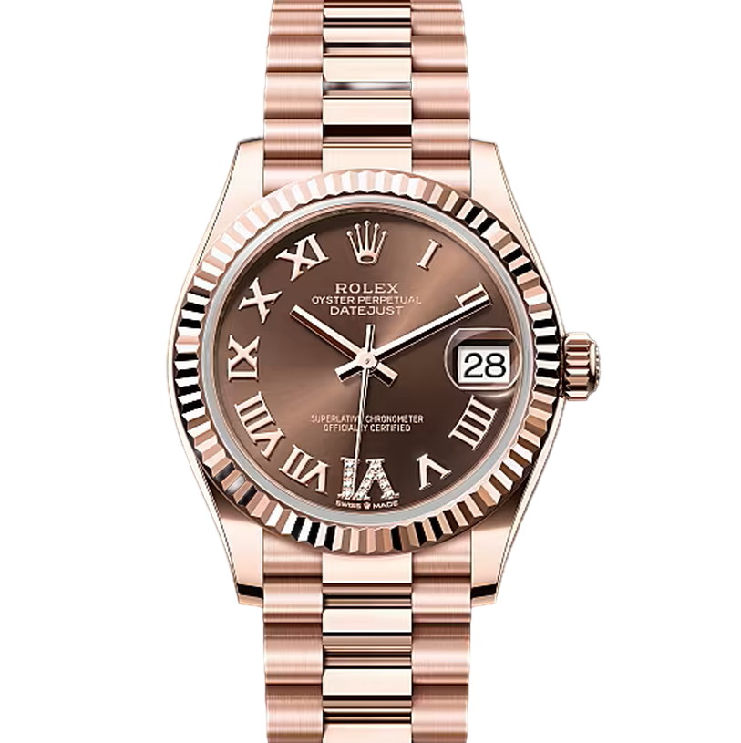 デイトジャスト31　素材　ダイヤモンド入りチョコレート（ローマ数字）　プレジデント、半円型リンク（3列）