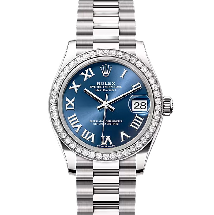 デイトジャスト31　素材　ブライトブルー　プレジデント、半円型リンク（3列）