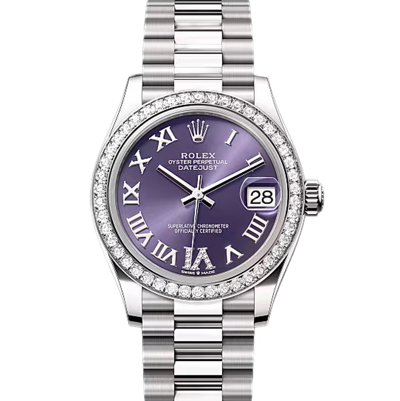 デイトジャスト31　素材　ダイヤモンド入りオーベルジーヌ　プレジデント、半円型リンク（3列）