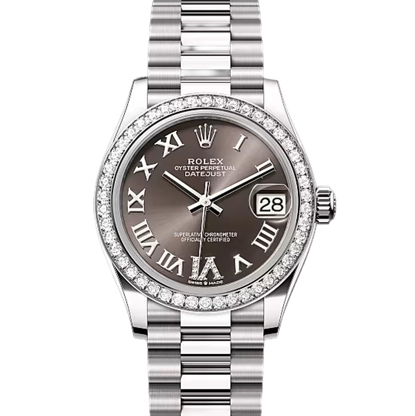 デイトジャスト31　素材　ダイヤモンド入り、ダークグレー　プレジデント、半円型リンク（3列）