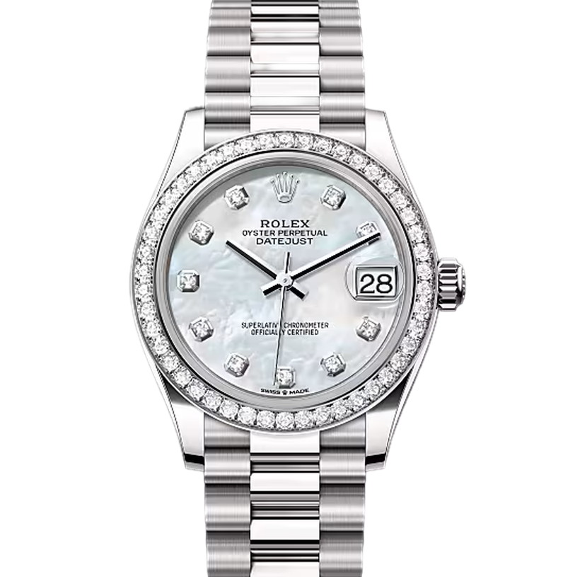 デイトジャスト31　素材　ダイヤモンド入りホワイトマザーオブパール　プレジデント、半円型リンク（3列）